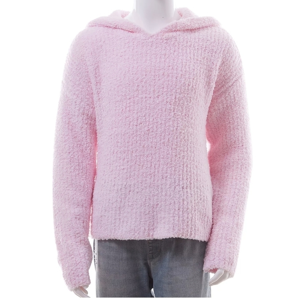 Girl's Mini Society Pink Fuzzy Teddy Yarn Hooded Sweater XL Like New